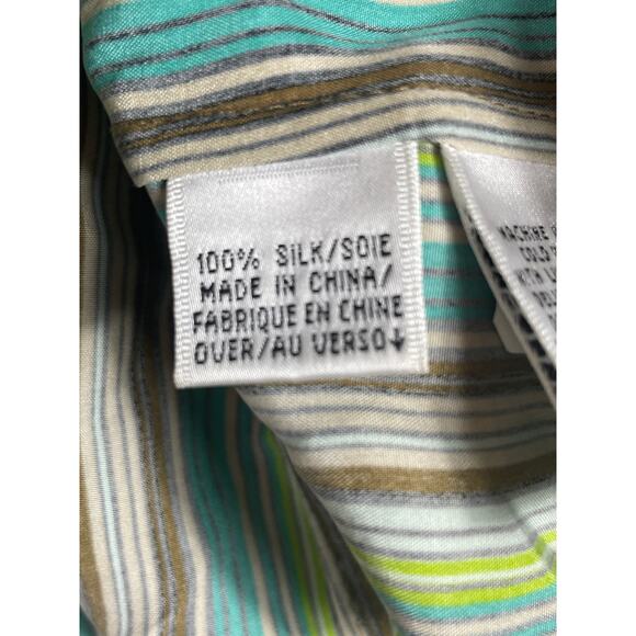 Dana Buchman Women Size 4 Silk Green Brown Blue Striped Button Up - Picture 12 of 12